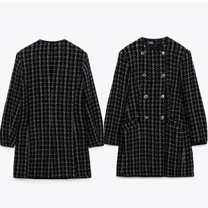 Zara Womens Tweed Woven Button Down Coat Black White SZ. M